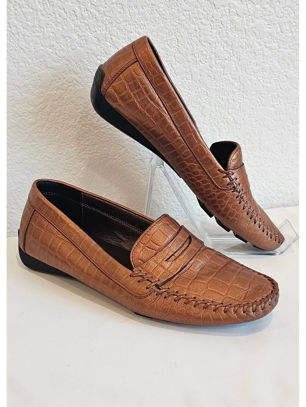Robert Zur Women’s 6 M Brown Croc Embossed Leather Driving Loafers Made Italy